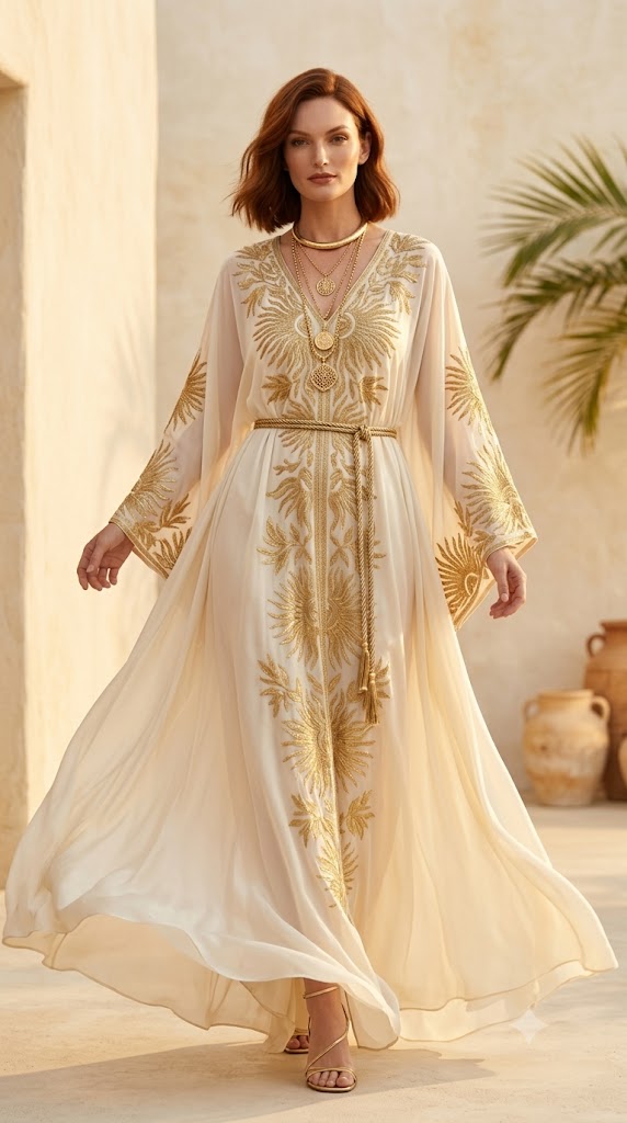 Ivory Silk Caftan with Gold Statement Jewelry